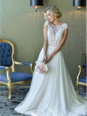 Ivory Sheer-Overlay Wedding Dress with Beaded Cap Sleeves